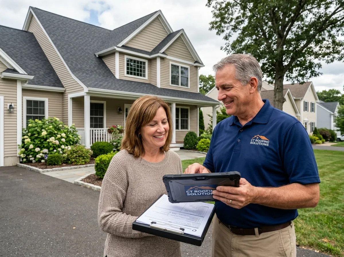 Kelley Roofing owner consultation and roof inspection with homeowner